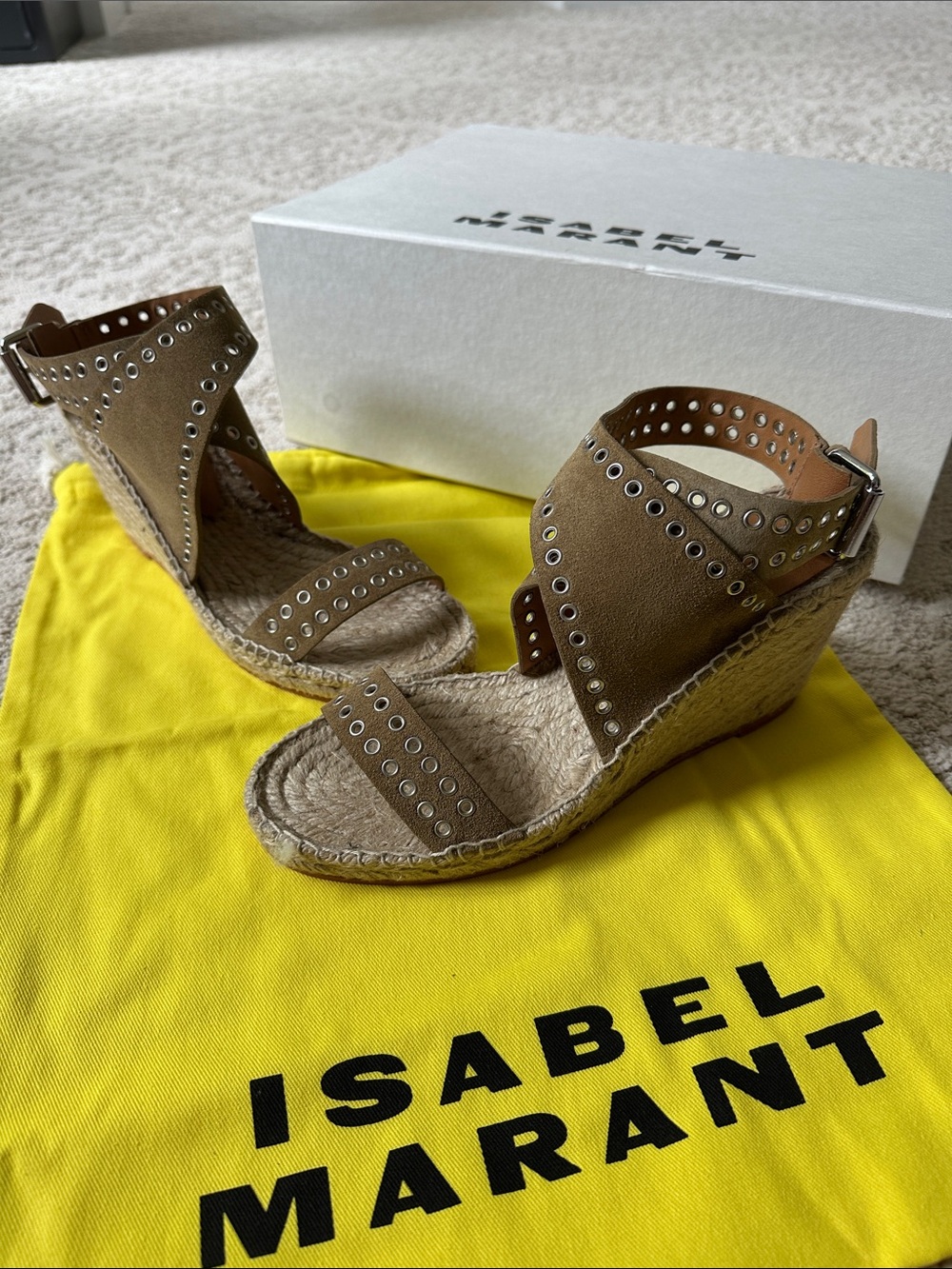 Isabel Marant Brown Leather Studded Espadrille Wedge Sandals